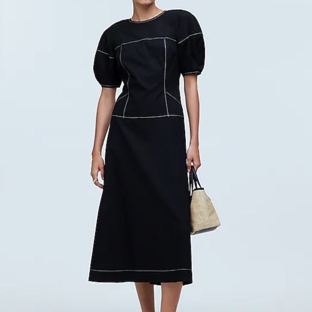 Madewell true black Puff-Sleeve Drop-Waist Midi Dress
